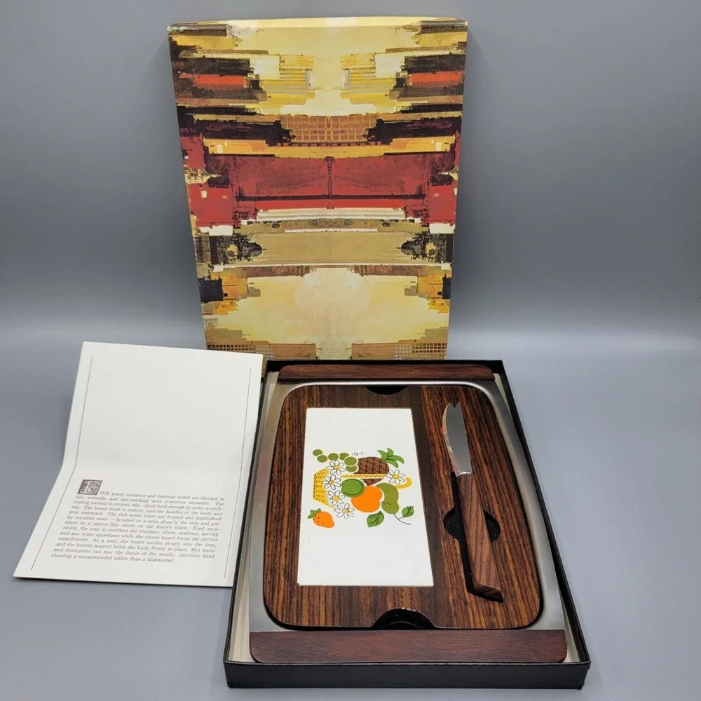 MCM Vintage Wood & Tile Removeable Cheeseboard w/ Tray & Knife in Box Japan